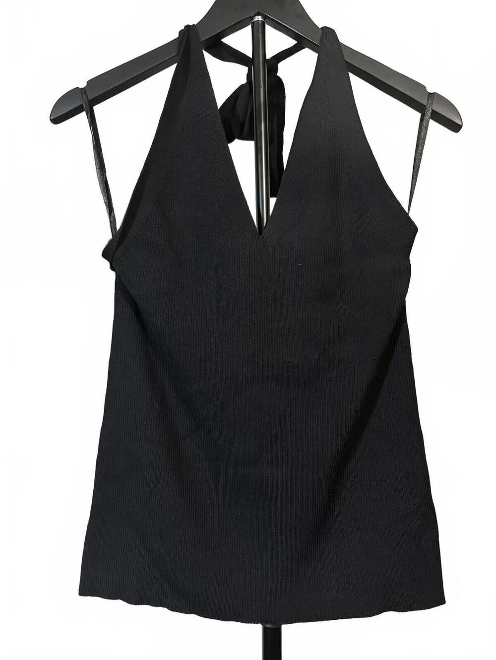 Black Ribbed Halter Top with Deep V Neck